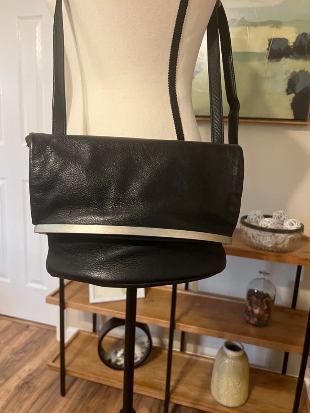 Vintage Black Leather Foldover Shoulder Bag with Hinged silver Metal Frame